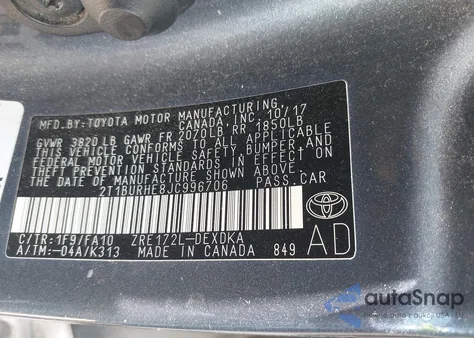 2018 Toyota Corolla L z USA, uszkodzony, nr VIN 2T1BURHE8JC996706